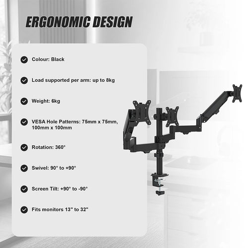 Triple Computer Monitor Mount Stand – Desk Clamp with 3 Adjustable Arms for Multi-Screen Display Setup