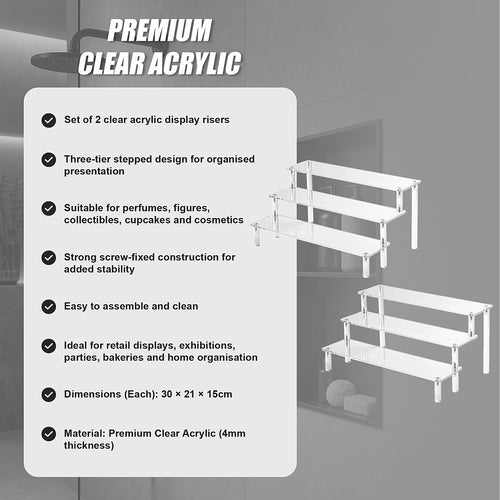 2 Pack 3-Tier Acrylic Display Risers for Perfumes, Collectibles, Cupcakes & Retail Displays