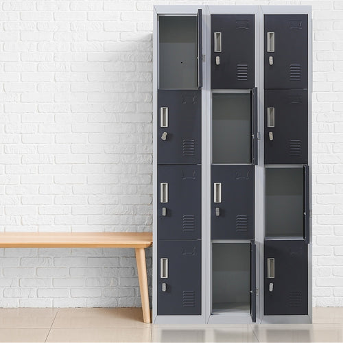 12-Door Locker – Grey with Charcoal Door with Padlock-operated | Secure Storage for Office, Gym or School Use
