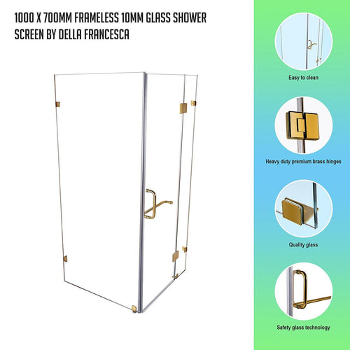 Frameless 10mm Glass Shower Screen 100 x 70cm GOLD Hinges/Brackets and ROUND Handle