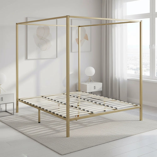 4-Poster King Bed Frame – Sturdy Gold Modern Canopy Bed for Bedroom
