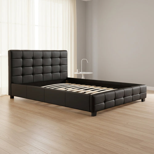 Double Deluxe Black PU Leather Upholstered Bed Frame with Headboard & Slats