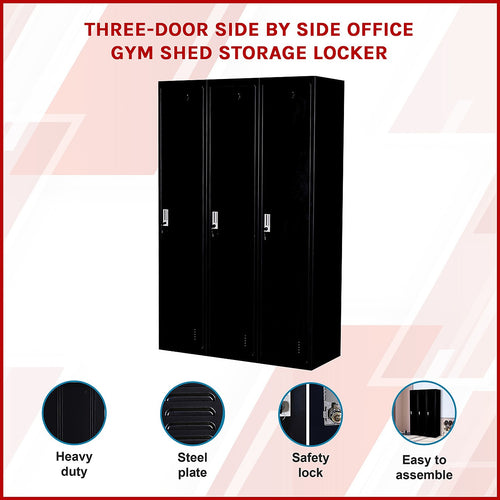 Three-Door Side by Side Storage Locker – Office, Gym & Shed Organisation Unit in Black