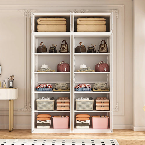 160x240cm 4-Door White Steel Shelf Wardrobe with White Handle Storage Cabinet