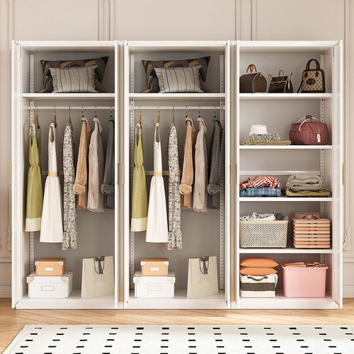240x200cm 6-Door White Steel 2 Hanging and 1 Shelf Wardrobe with Gold Handle Storage Cabinet
