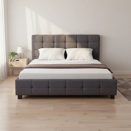 Double Deluxe Grey Linen Fabric Upholstered Bed Frame with Headboard & Slats