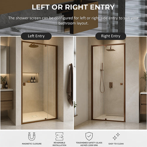 Semi-Frameless Shower Screen – Dust Brown, Front: (74~82)x195cm, No Side Return