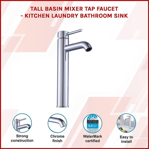 Tall Basin Mixer Tap Faucet - Kitchen Laundry Bathroom Sink in Chrome