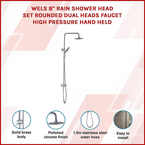 WELS 8" Chrome Rain Shower Dual Rounded Heads Set with Handheld