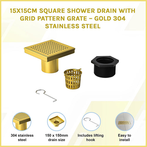 15 x 15cm Square Shower Drain with Grid Pattern Grate – Brushed Gold Stainless Steel