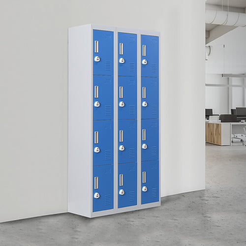 12-Door Locker – Grey with Blue Door with 3-Digit Combination Lock | Secure Storage for Office, Gym or School Use