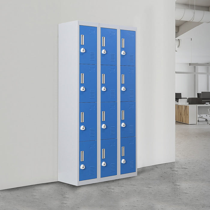 12 Door Locker for Office, Gym, School & Home Storage in Grey with Blue Door - 3-Digit Combination Lock