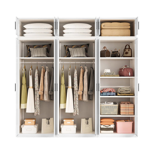 240x240cm 6-Door White Steel 2 Hanging and 1 Shelf Wardrobe with Black Handle Storage Cabinet