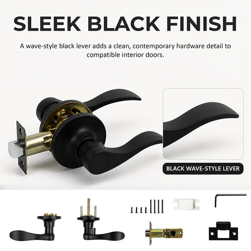 Door Handle Set Lever – Passage Function with Wave-style Black Design and Functional Style