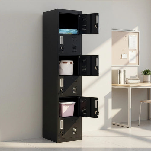 6-Door Black Metal Locker Cabinet – Vertical Storage with Standard Lock with 2 Keys for Office, School