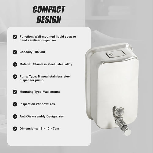 Stainless Steel Soap Dispenser - 1000ml Wall-Mounted Manual Pump