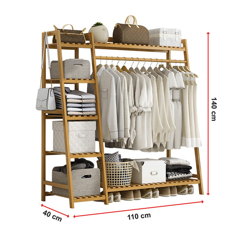 Portable Clothes Rack Coat Garment Stand Bamboo Rail
