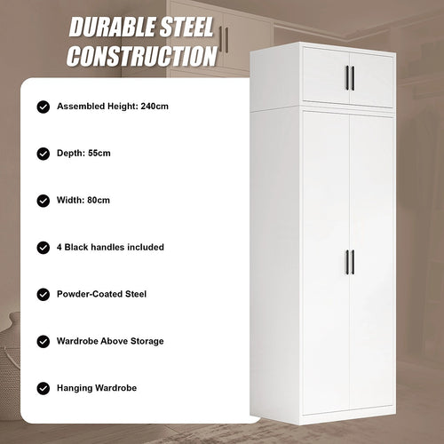 80x240cm 2-Door White Steel Hanging Wardrobe with Black Handle Storage Cabinet