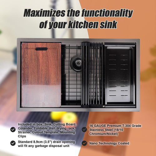 32" Workstation Kitchen Single Bowl Sink in Nano Black with Brushed Finish