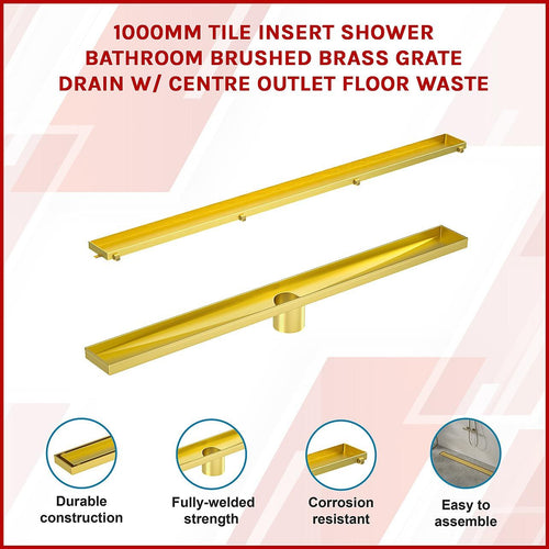 100cm Tile Insert Brushed Brass Grate Drain w/Centre outlet Floor Waste 