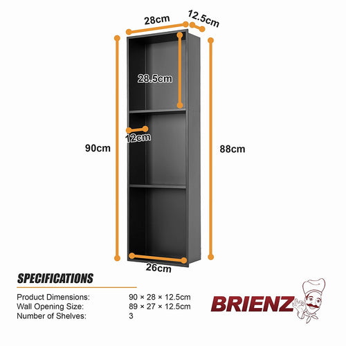 90cm Black Recessed Shower Niche 3-Tier Stainless Steel Bathroom Wall Storage Shelf