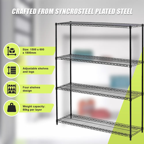 Modular Wire Storage Shelf 1500 x 600 x 1800mm Steel Shelving - Baking Black Technology