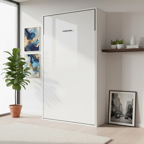 King-single Wall Bed in White Gloss – Space Saving Murphy Bed Kit with Black Door Handle