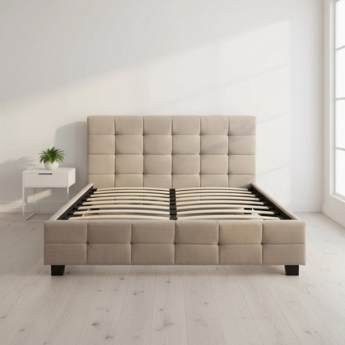 Queen Deluxe Beige Linen Fabric Upholstered Bed Frame with Headboard & Slats