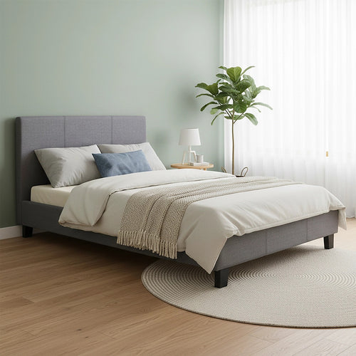 King Single Size Bed Frame with Headboard – Grey Linen Fabric