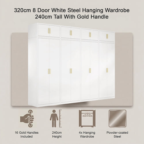 320x240cm 8-Door White Steel Hanging Wardrobe with Gold Handle Storage Cabinet