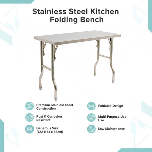 122x61cm Stainless Steel Folding Kitchen Bench – Commercial Prep Work Table