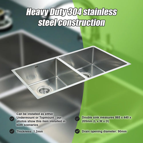 1.2mm Handmade Double Stainless Steel Sink with Waste - 865x440mm