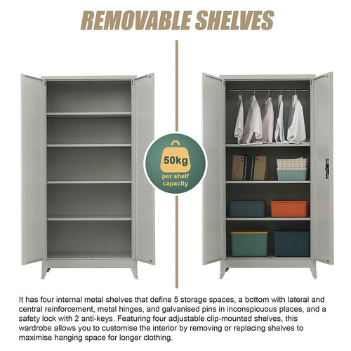 Double-Door Metal Cabinet with 4 Shelves – Office, Garage, or Home Storage in Grey with Legs