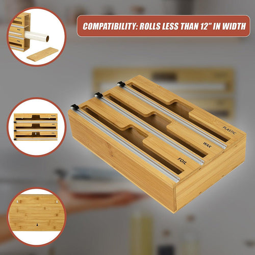 3 Grids Bamboo Food Wrap Dispenser Cutter Foil Cling Film Storage Holder Box Kitchen