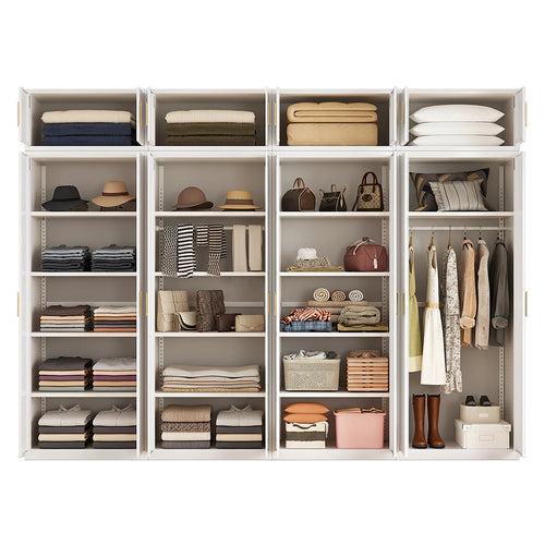 320x240cm 8-Door White Steel 1 Hanging and 3 Shelf Wardrobe with Gold Handle Storage Cabinet