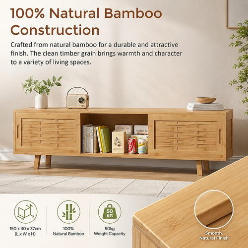 Bamboo TV Cabinet 150cm Entertainment Unit 3 Door