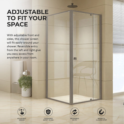 Semi-Frameless Shower Screen – Gunmetal, Front: (82~90)x195cm, Side: (77~80)x195cm