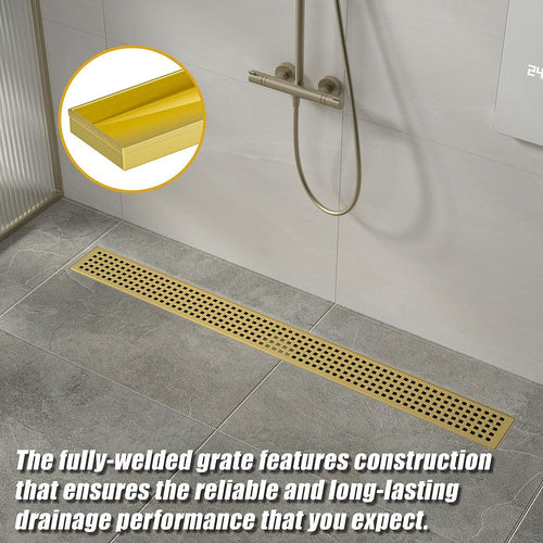 120cm Bathroom Shower Brushed Brass Grate Drain w/ Centre outlet Floor Waste