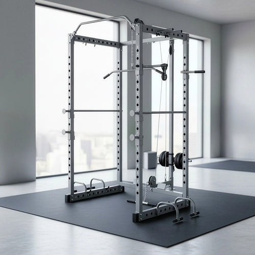 Home Gym Power Rack Squat Cage – Heavy-Duty Fitness Stand with Lat Pulldown Attachment