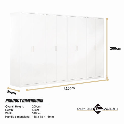 320x200cm 8-Door White Steel 3 Hanging and 1 Shelf Wardrobe with White Handle Storage Cabinet