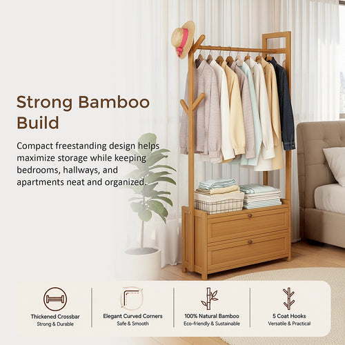 165x70cm Clothes Rack Stand with Storage Shelves – Modern Coat Tree in Wood