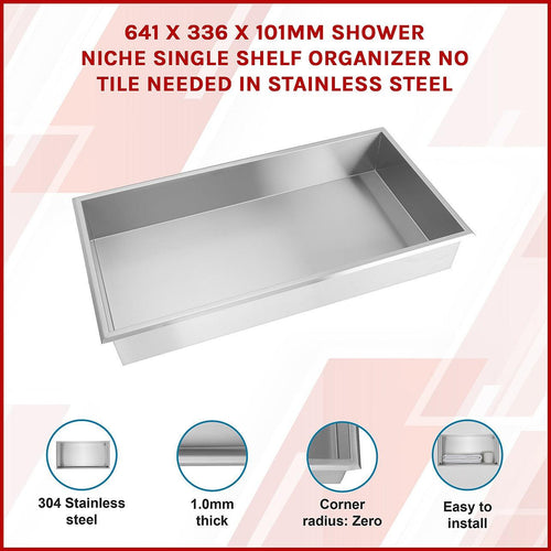 641 x 336 x 101mm Shower Niche Single Shelf Organizer No Tile Needed in Stainless Steel Finish