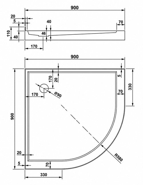 90x90cm Rounded Curved Shower Base in White