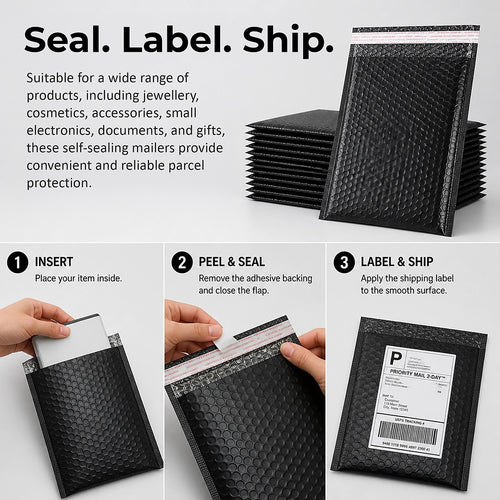 100 Pack Black Poly Bubble Mailers 18x23cm Padded Shipping Envelopes for Secure Parcel Delivery