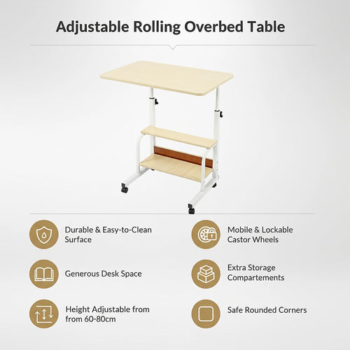 Height Adjustable Rolling Overbed Table 60cm Mobile Computer Desk for Home & Care