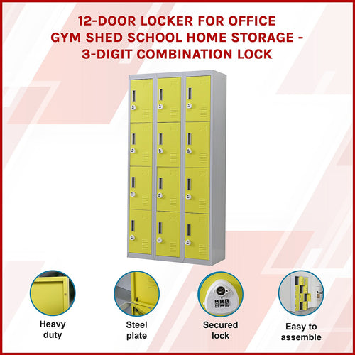 12-Door Locker – Grey with Yellow Door with 3-Digit Combination Lock | Secure Storage for Office, Gym or School Use