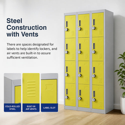 12-Door Steel Locker – Grey with Yellow Door, 4-Digit Combination Lock
