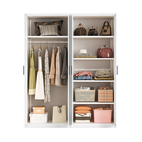 160x200cm 4-Door White Steel Hanging and Shelf Wardrobe with Black Handle Storage Cabinet