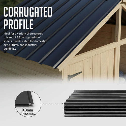 12 PCs Corrugated Roof Sheets Profile Galvanized Metal Roofing Carport Black