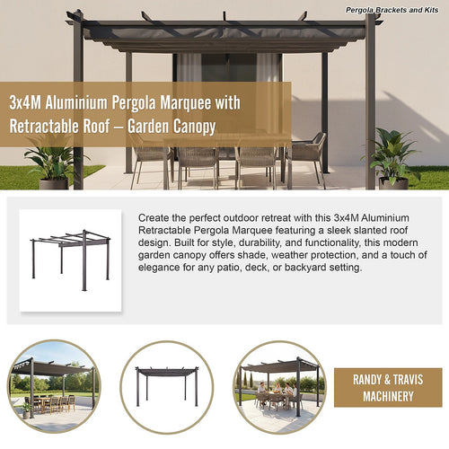 3x4M Aluminium Pergola Marquee with Retractable Roof – Outdoor Garden Patio Canopy Shelter